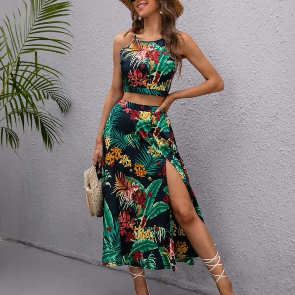 Tropical Print Cami Top & Split Thigh Skirt Set